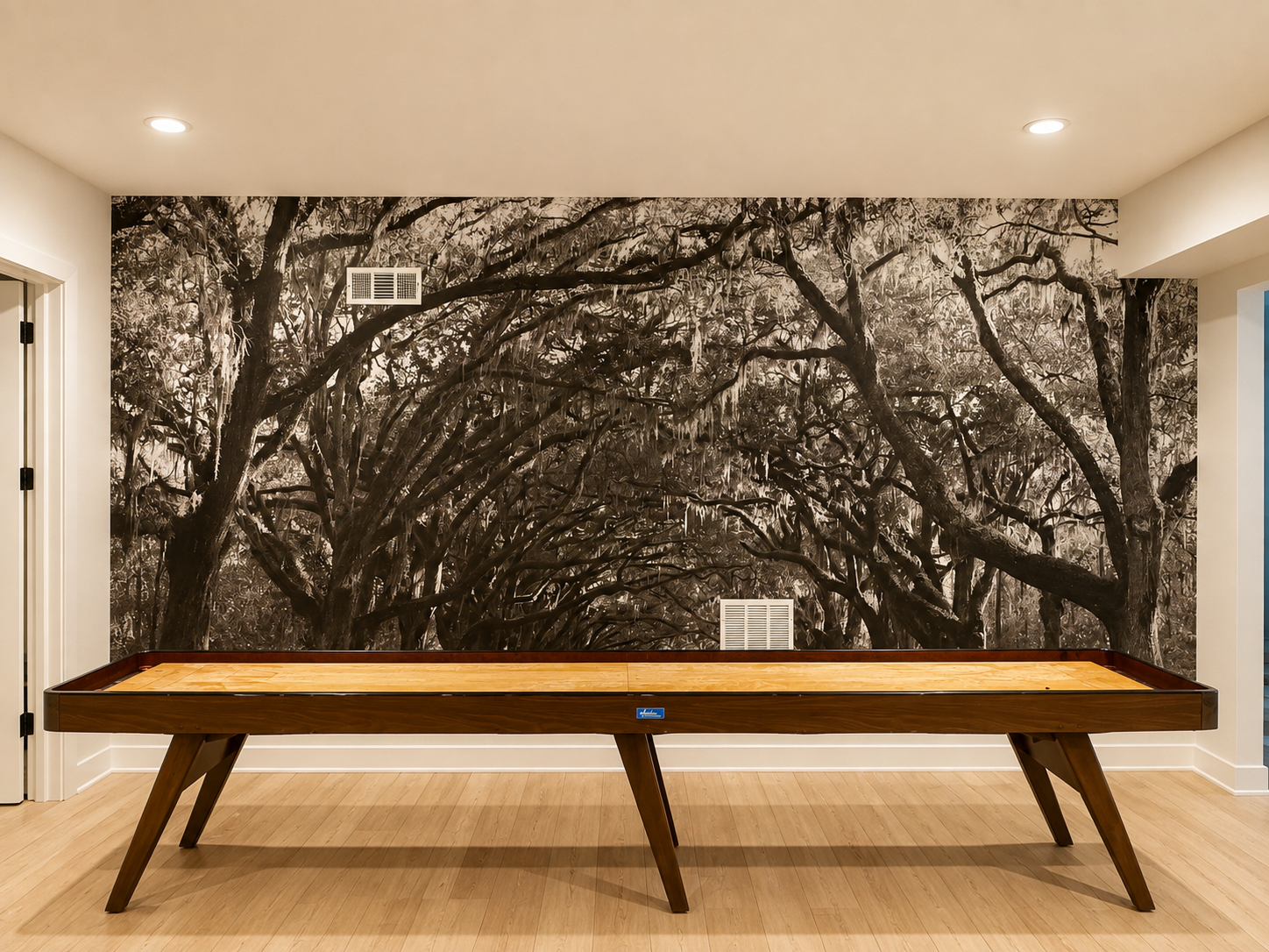 Sepia oak tree mural accent wall installed in a game room in Atlanta, GA