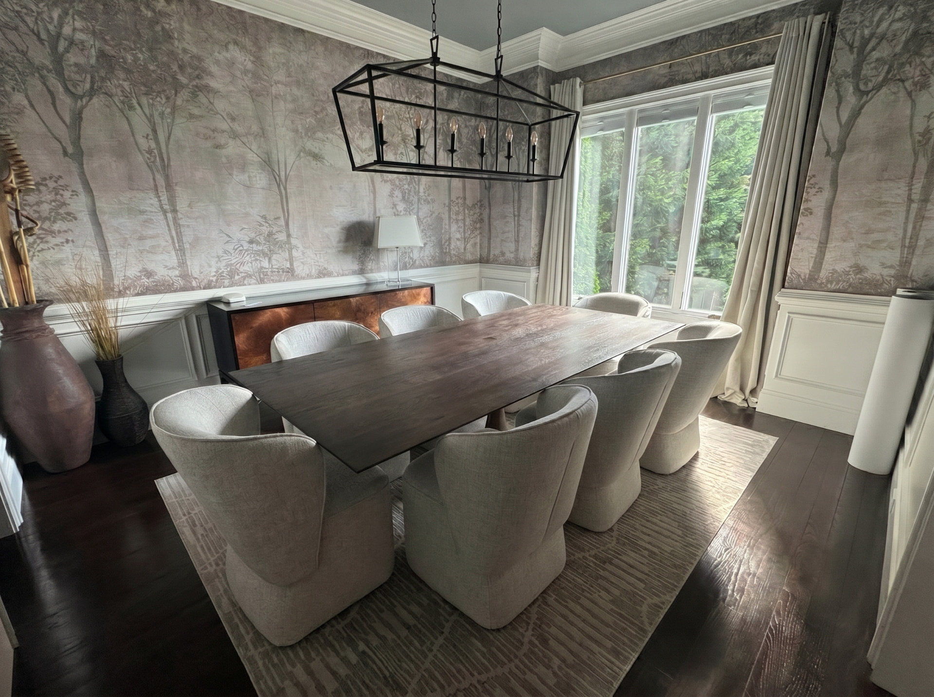Muted forest mural wallpaper installed in a formal dining room in Atlanta, GA