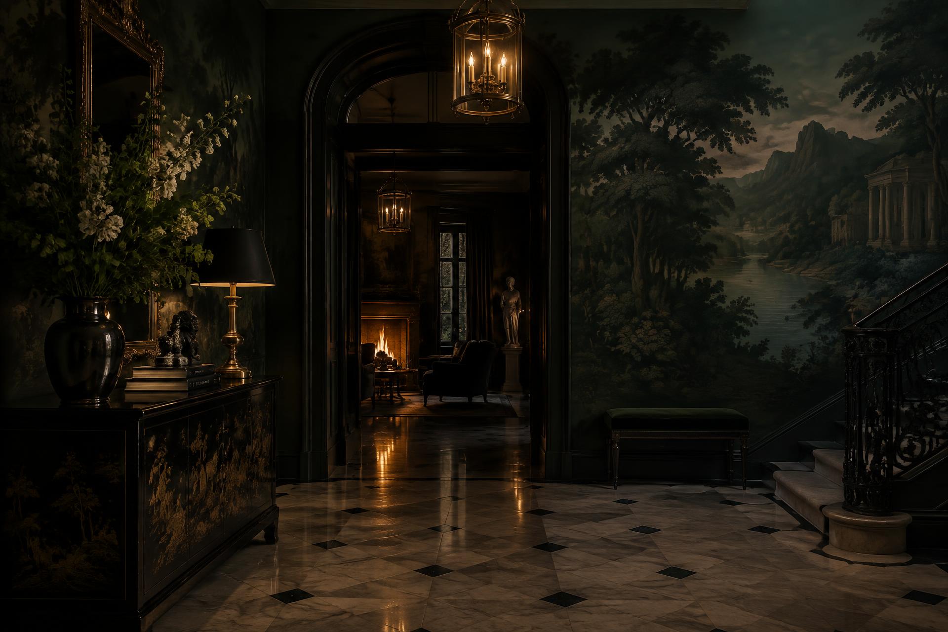 Scenic Entry Hall — Hand-painted emerald mural across a double-height hall