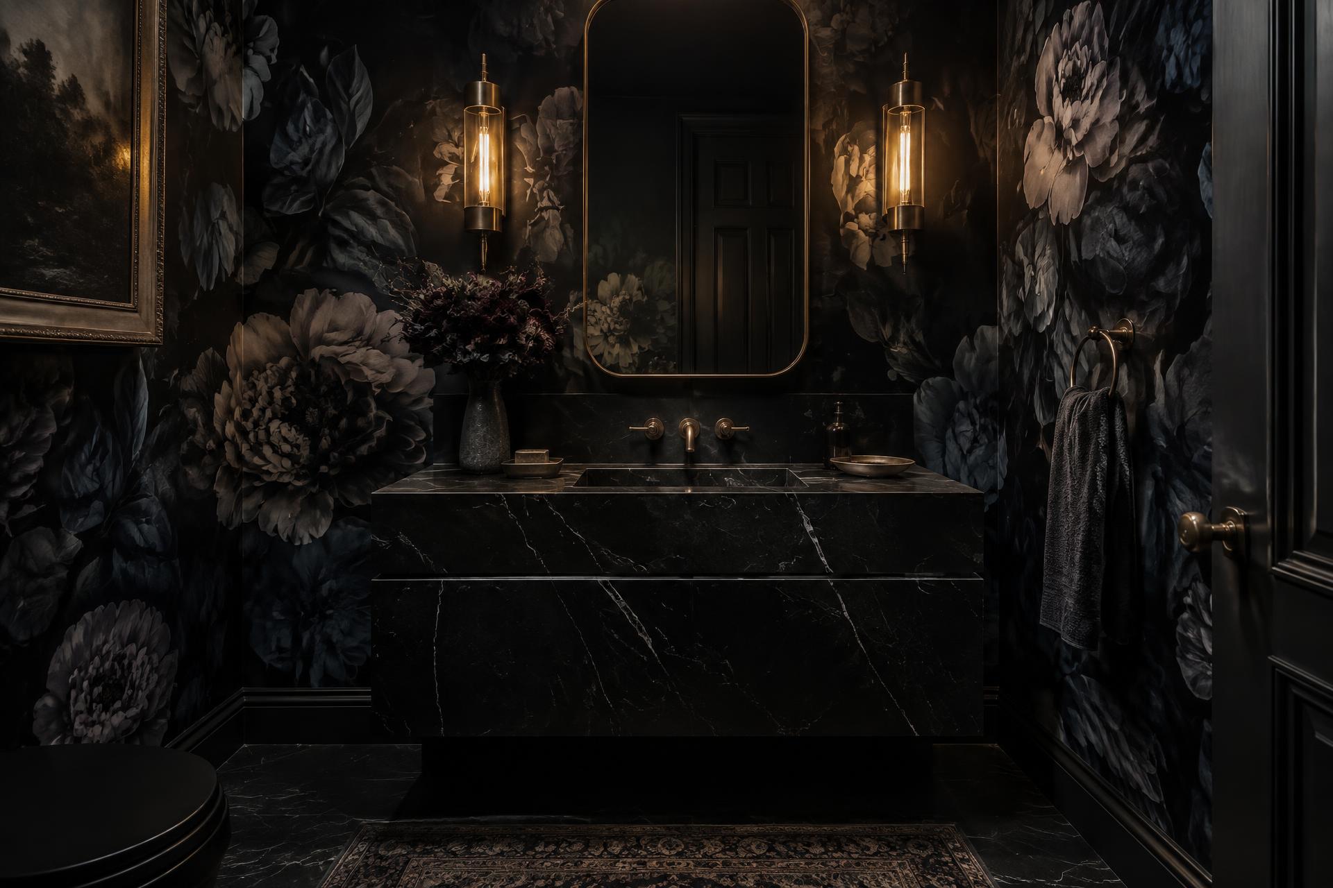 Luxury Powder Room — Oversized dark floral, wrapped wall to wall