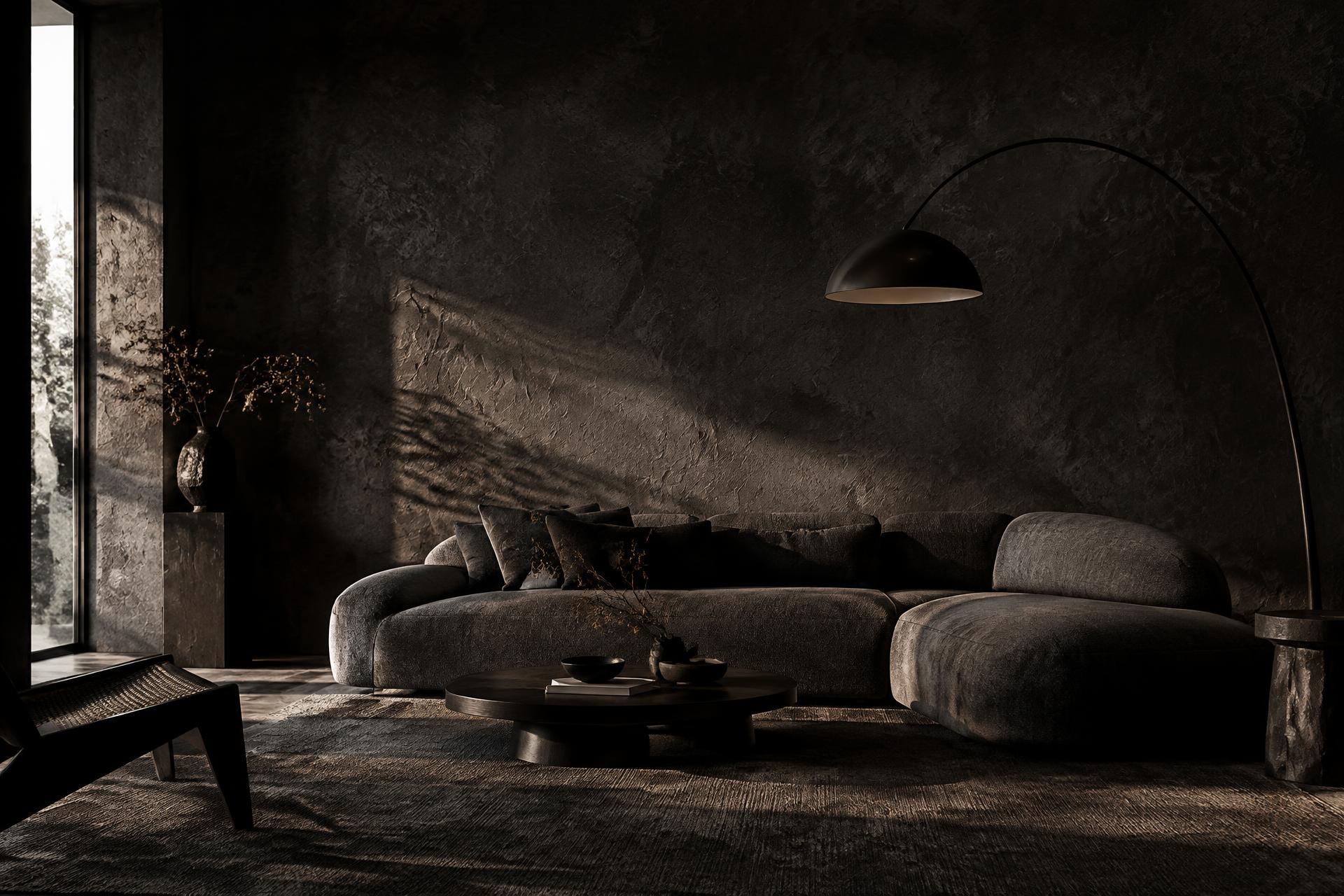 Textured Living Room — Architectural plaster-look wallcovering, raking light